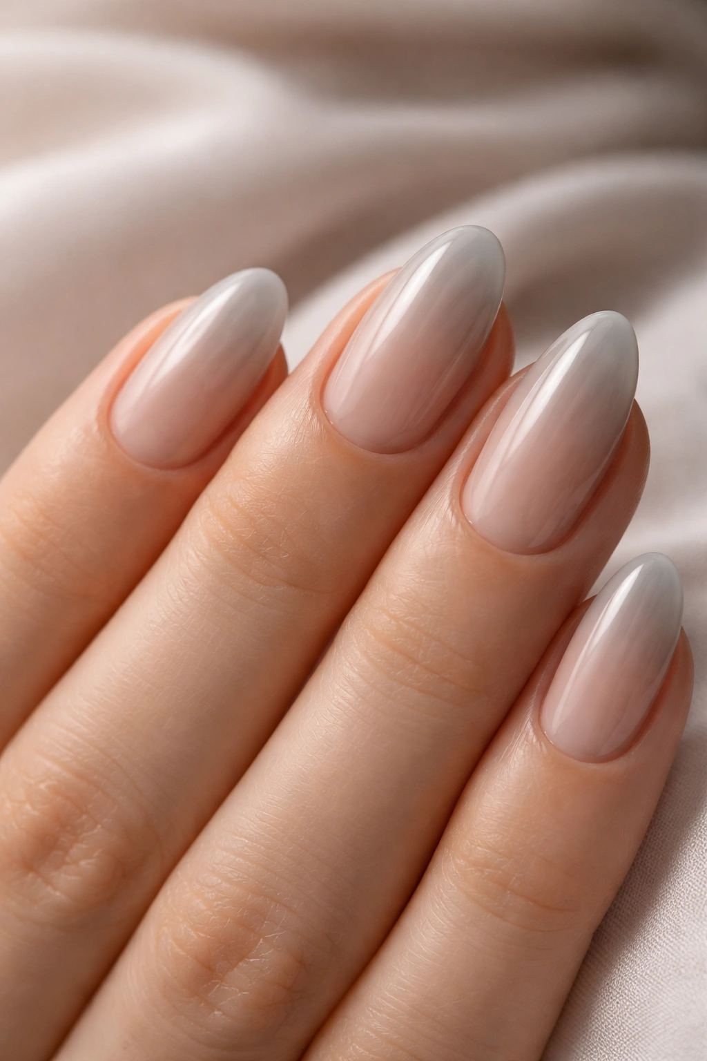 Close-up of sheer grey wash on short almond nails
