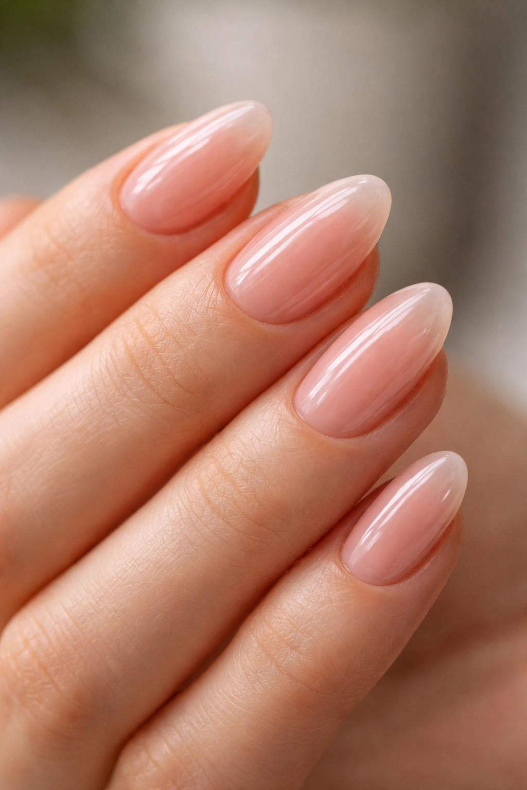 Close-up of sheer jelly almond nails on a hand