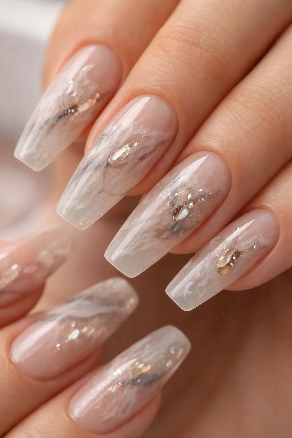 Close-up of translucent jelly marble nails with encapsulated foil