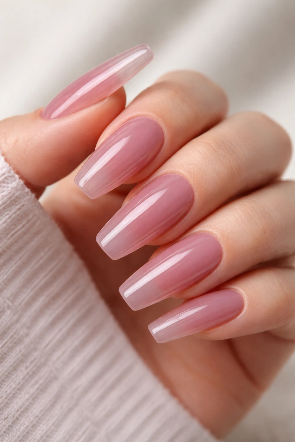 Close-up of jelly mauve nails with glassy depth