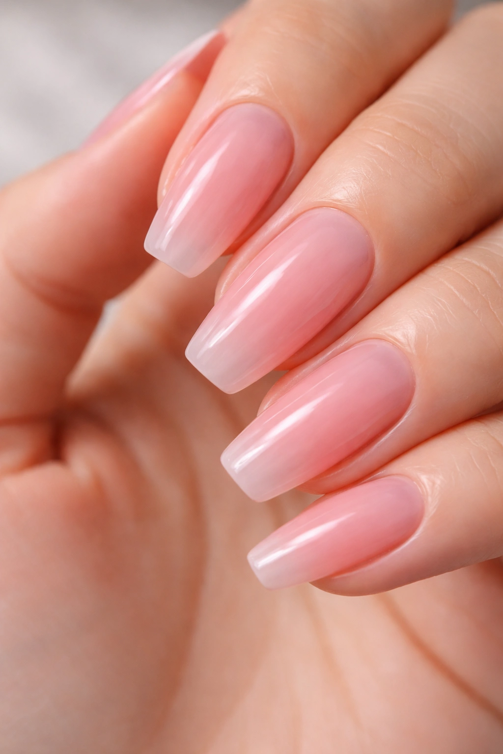 Translucent jelly pink nails showing the natural nail through a glossy finish