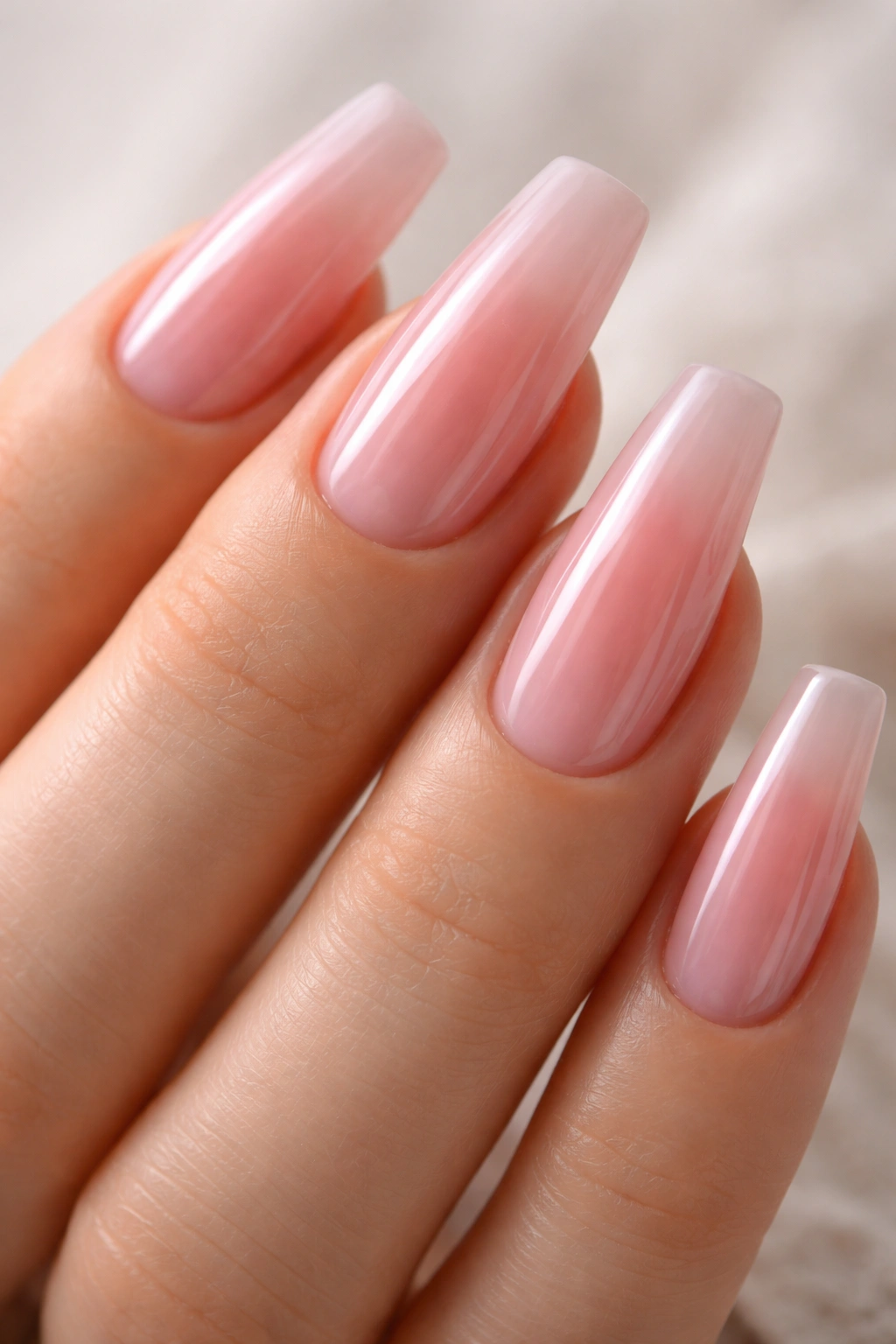 Close-up of medium-length ballerina nails in sheer jelly pink showing depth
