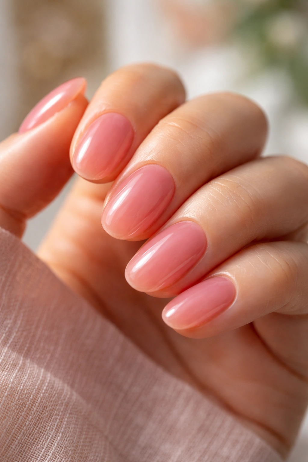 Close-up of translucent jelly nails on short oval nails showing layered color