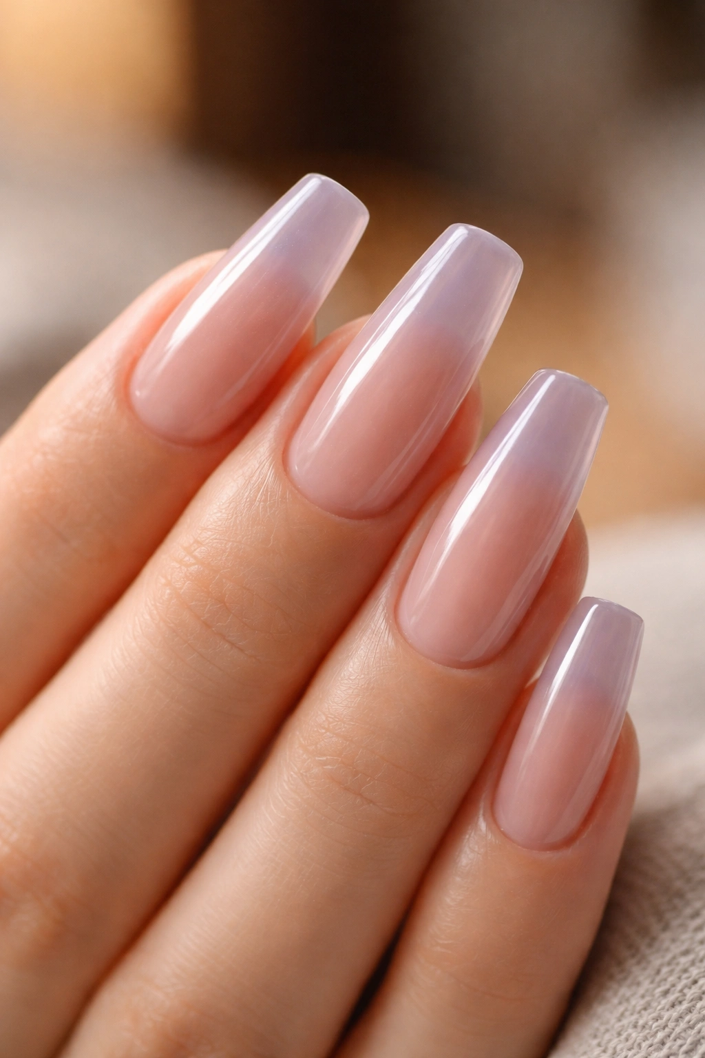 Close-up of sheer lilac glass tint nails over pink-nude base with high gloss