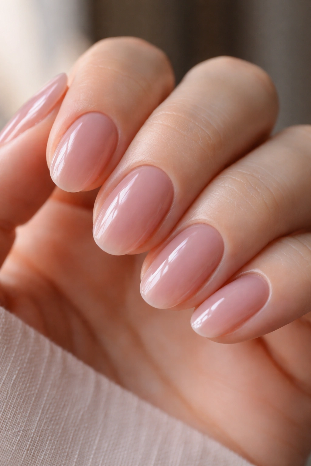 Close-up of sheer mauve jelly short oval nails