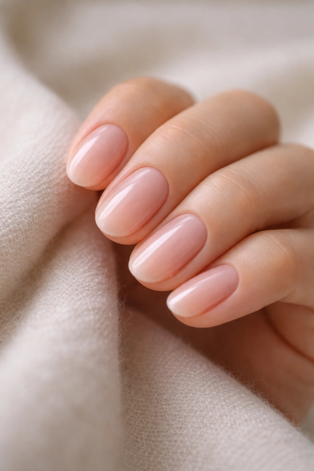 Close-up of short oval nails in sheer milky pink with glossy finish