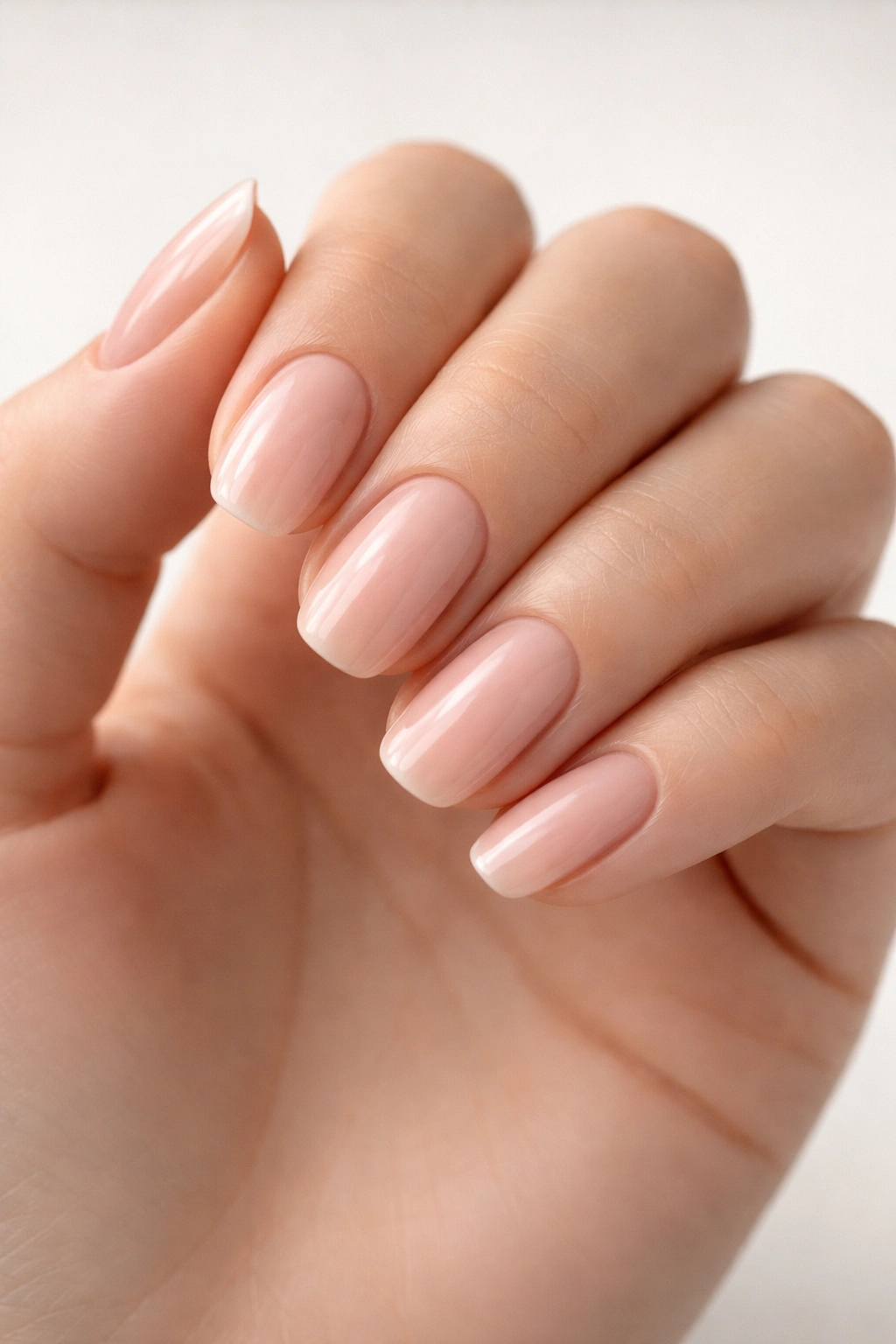 Close-up of nails with sheer natural tones in a barely-there finish