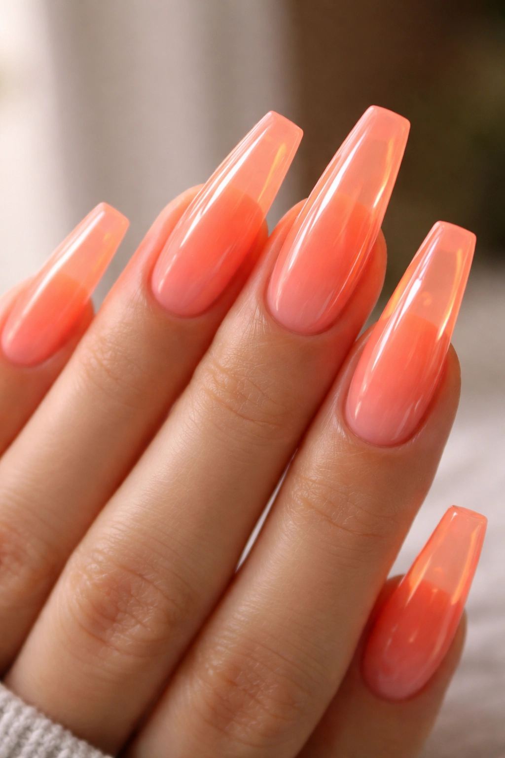 Close-up of sheer neon peach jelly nails with translucent glow.