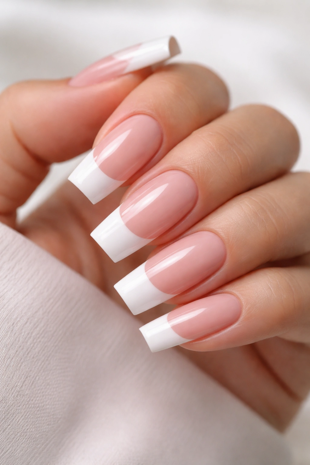 Coffin nails with sheer nude base and thick white tips