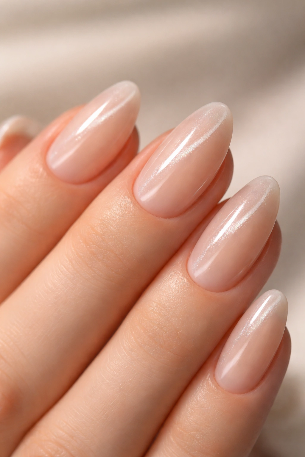 Close-up of short almond nails with sheer nude base and subtle cat eye shimmer