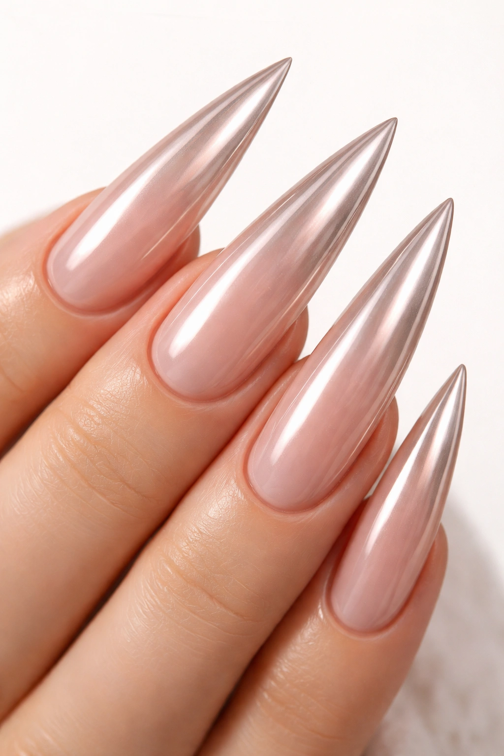 Close-up of sheer nude chrome on long stiletto nails with pointed tips.