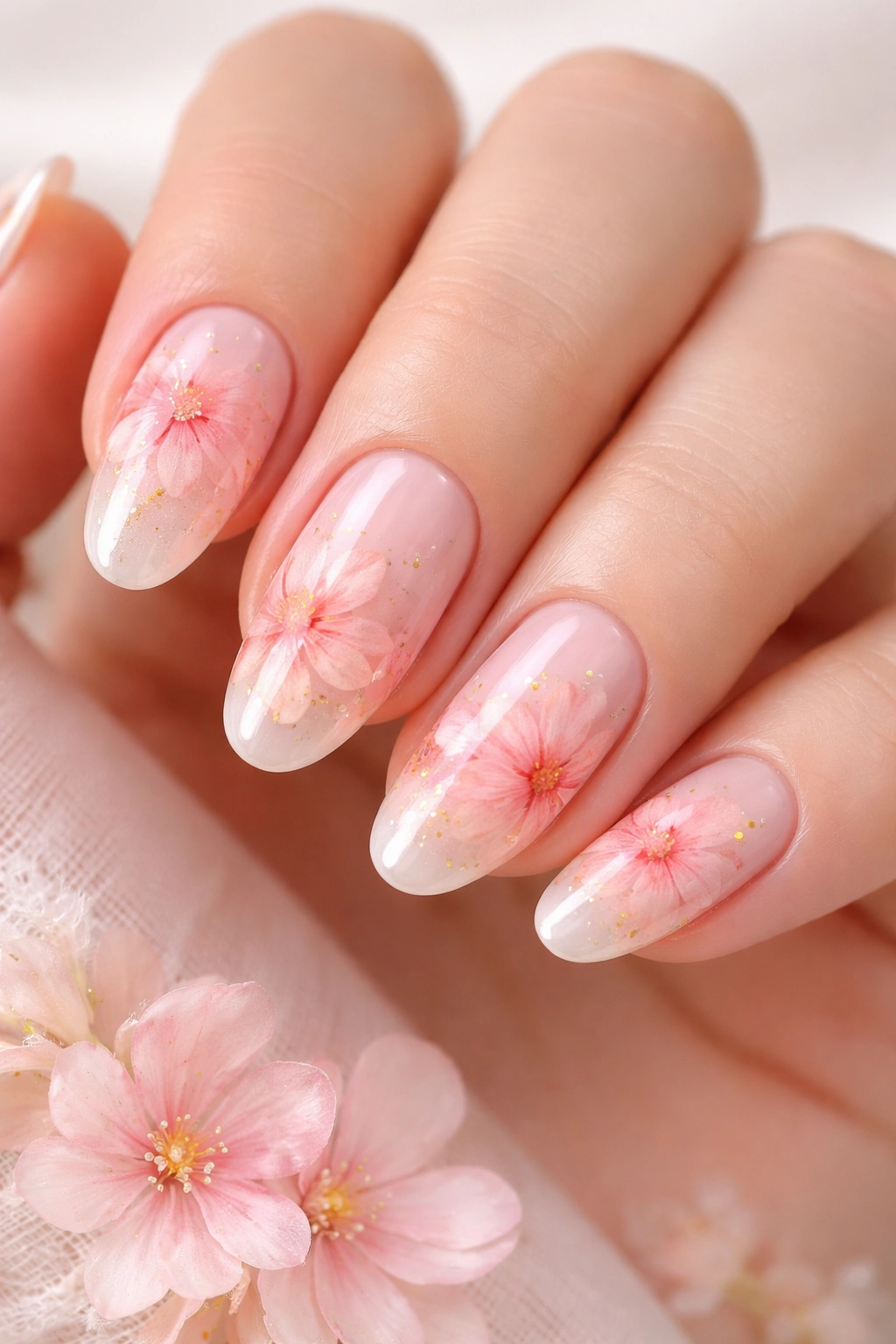 Close-up of sheer nude nails with watercolor pink and peach florals