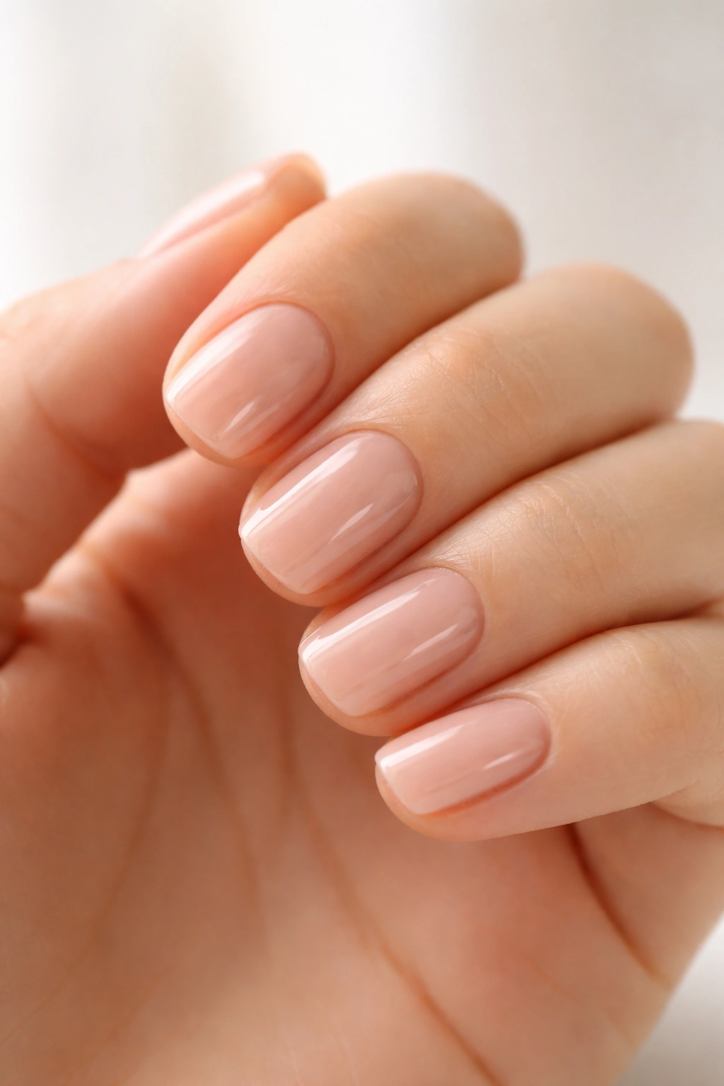 Close-up of short squoval nails with sheer nude gel finish showing natural nail underneath