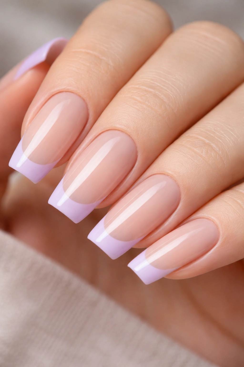Sheer nude base with lilac baby French tips on ballerina nails