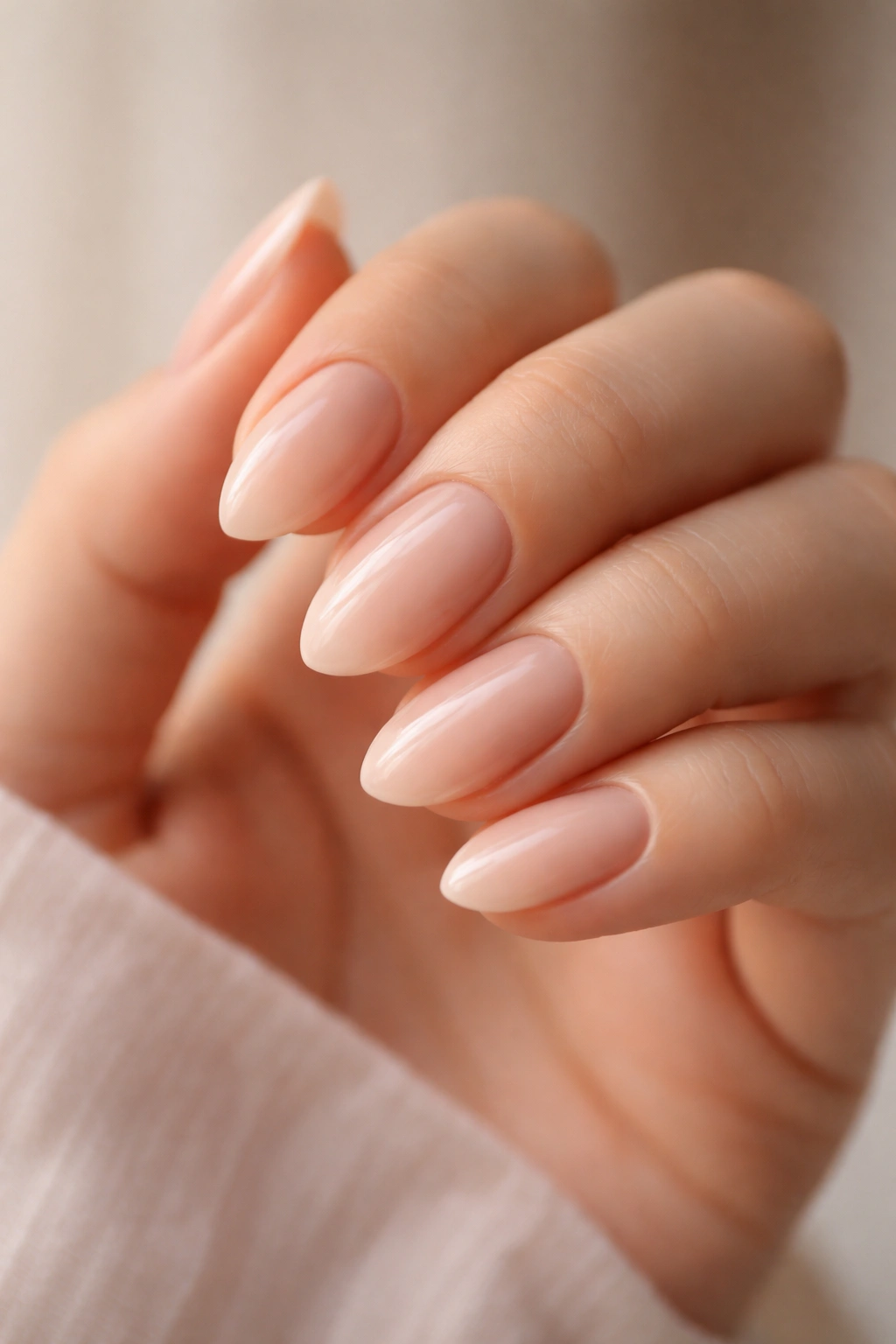 Close-up of short almond nails in sheer nude polish with glossy finish
