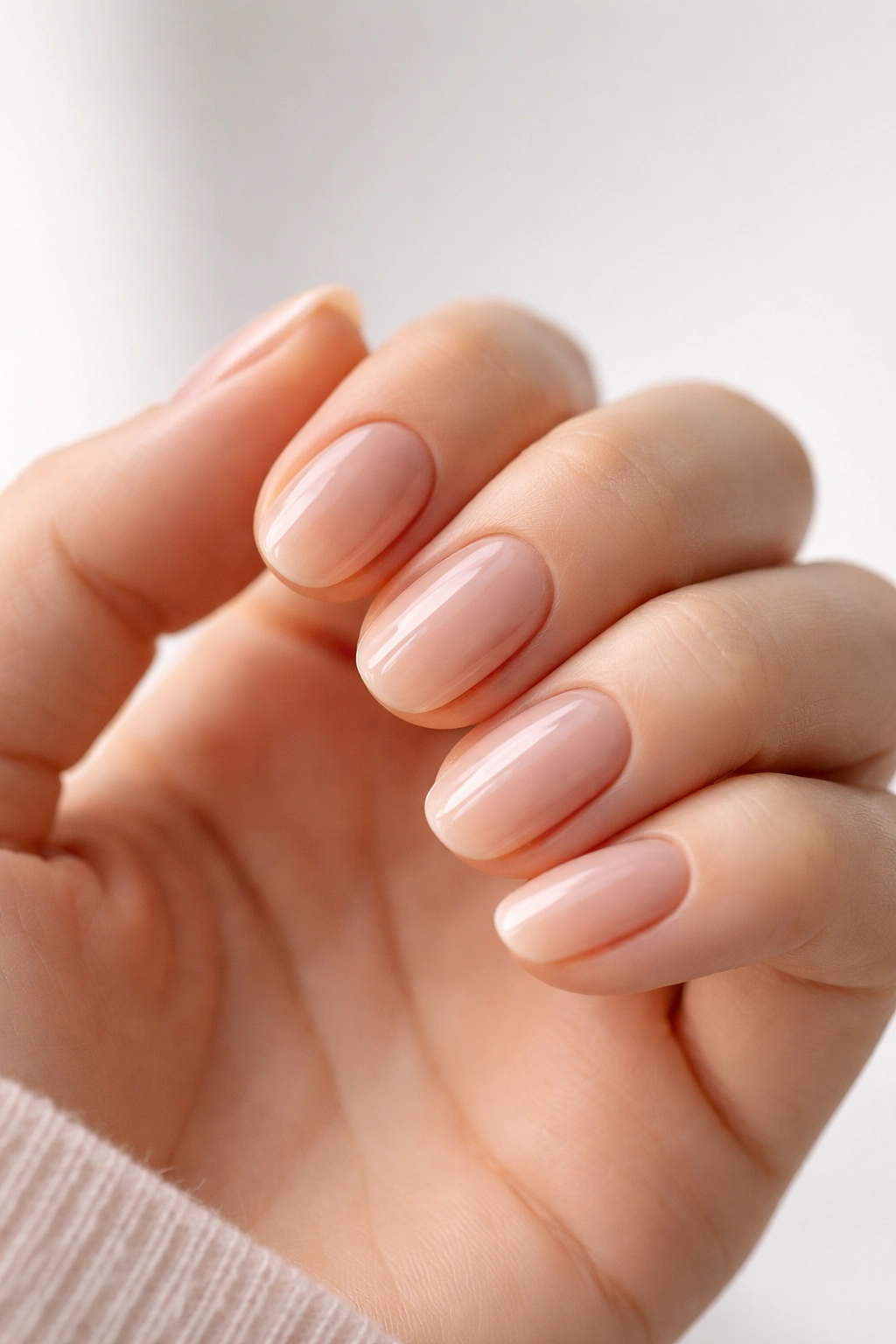 Close-up of classic sheer nude short oval nails with glossy finish
