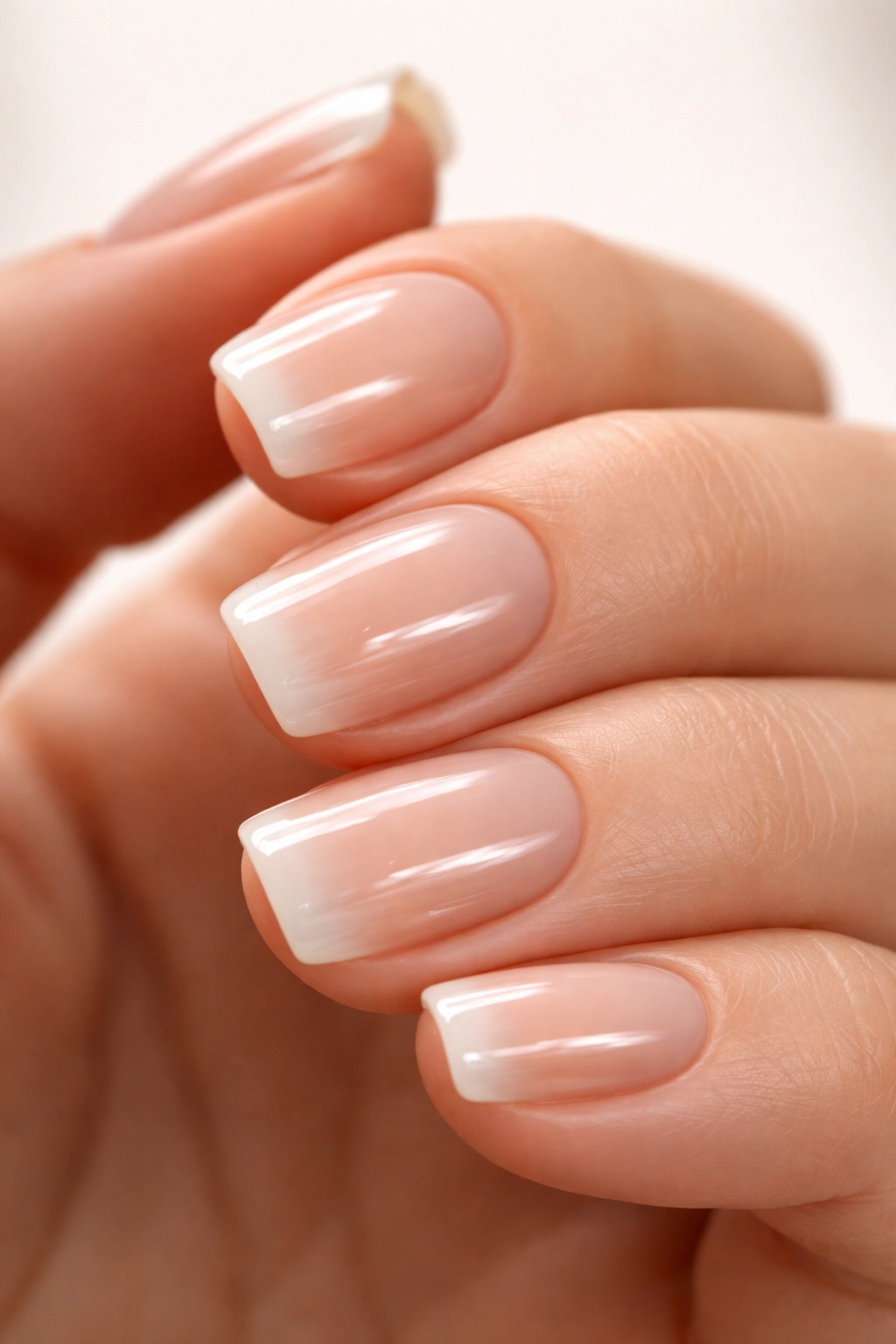 Close-up of sheer nude nails with glossy gradient rim on squoval nails