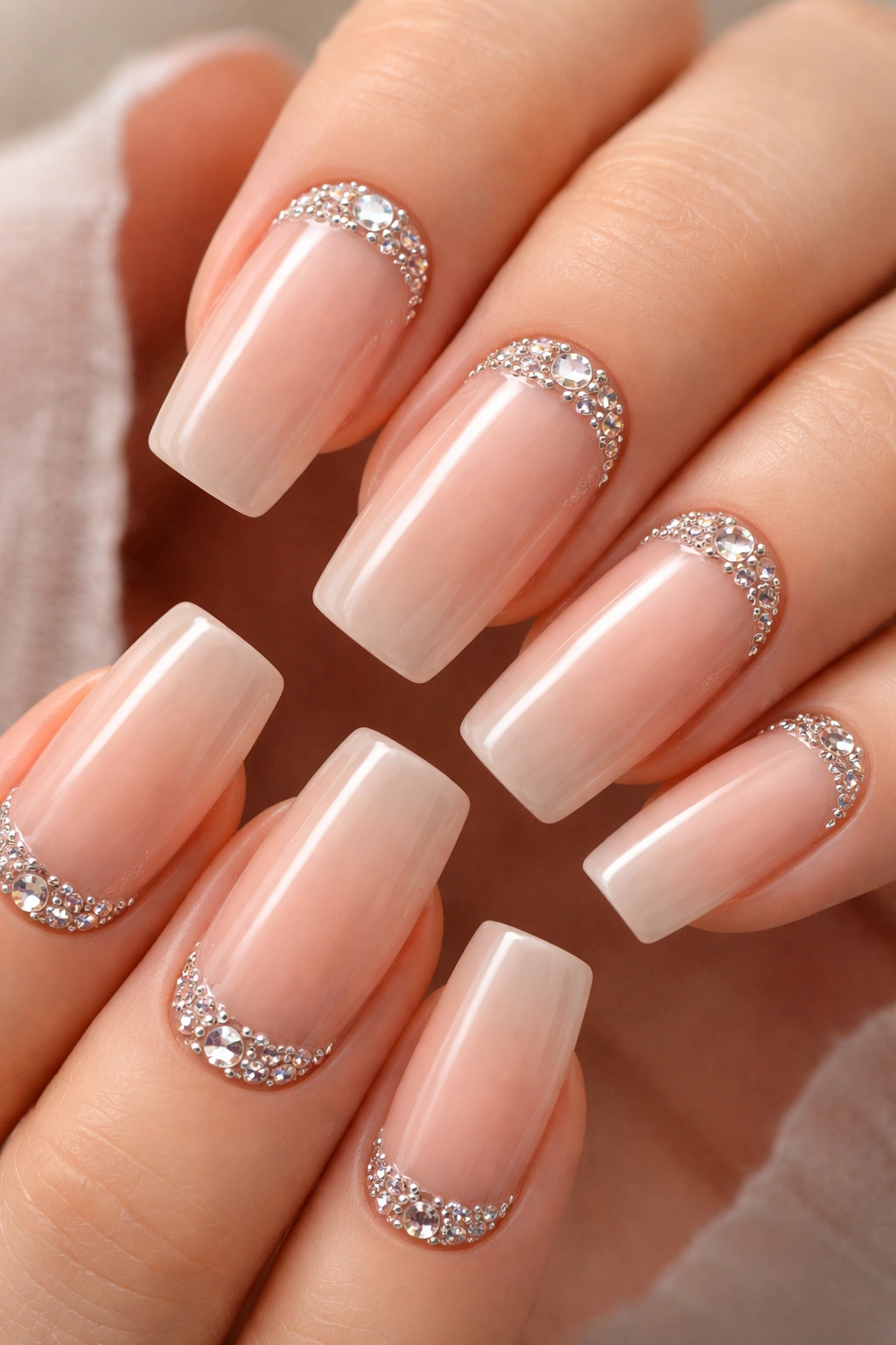 Close-up of long squoval nails with sheer nude base and rhinestone cuticle cluster