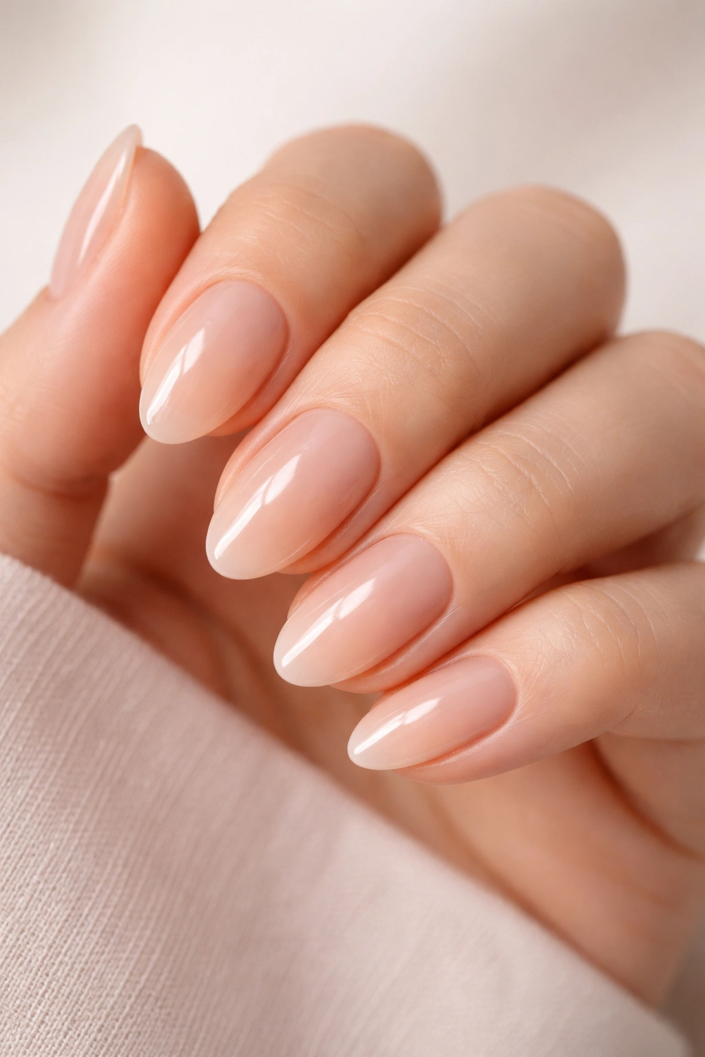 Almond nails with translucent sheer nude overlay