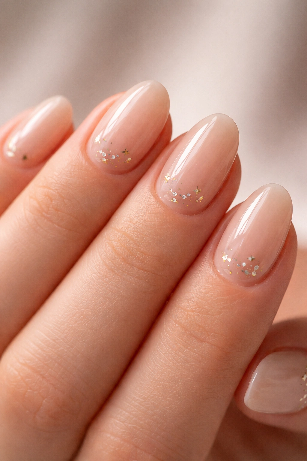 Close-up of short almond nails with sheer nude base and tiny star accents near cuticle
