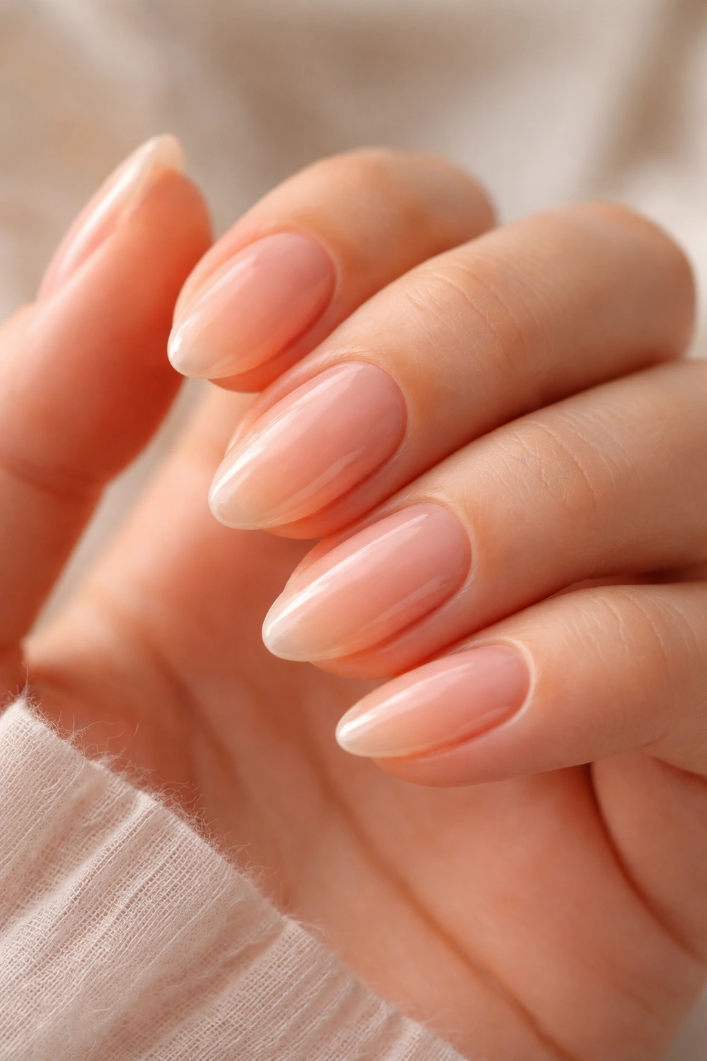 Close-up of short almond nails in sheer peach shade