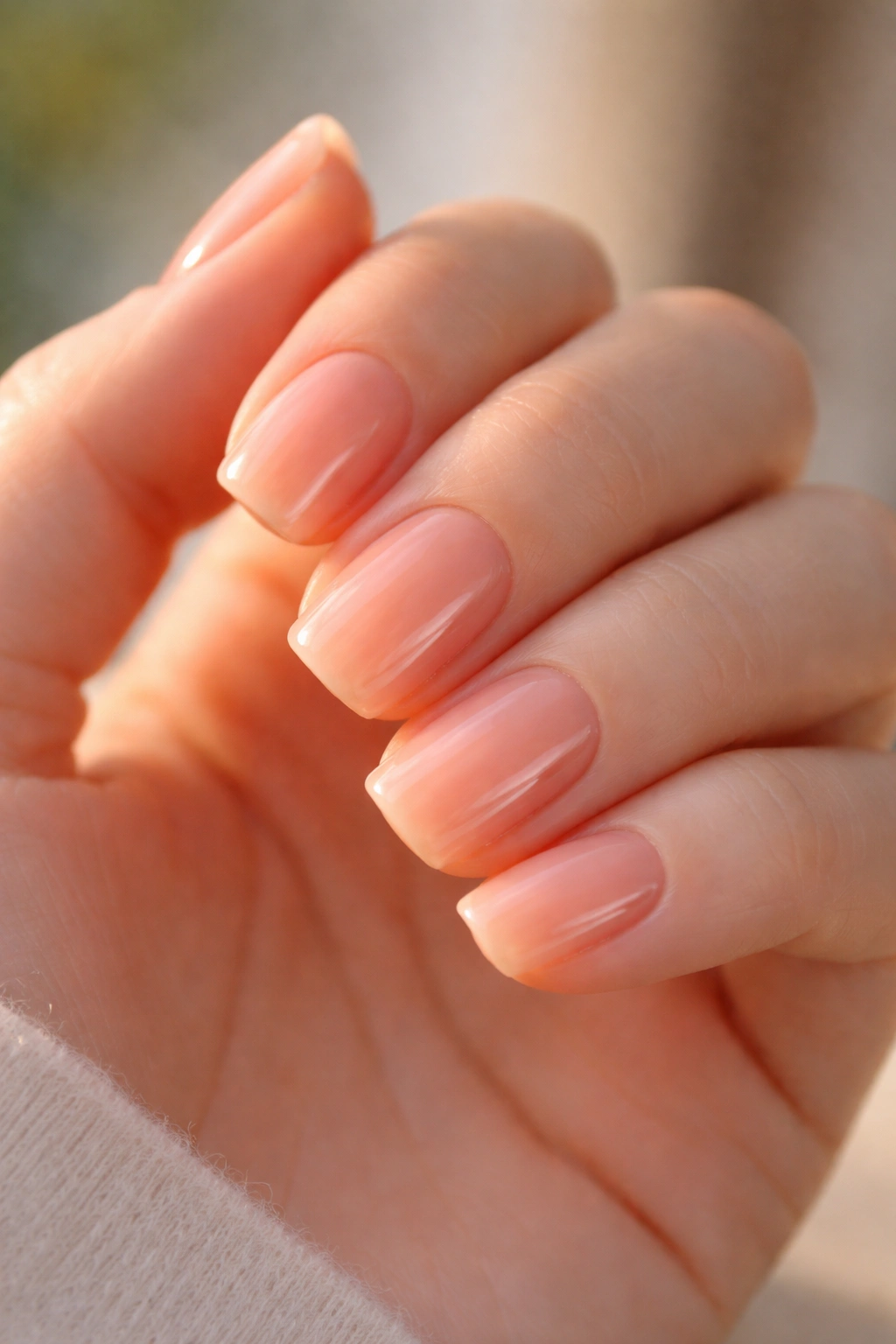 Close-up of sheer peach square-oval nails on a hand
