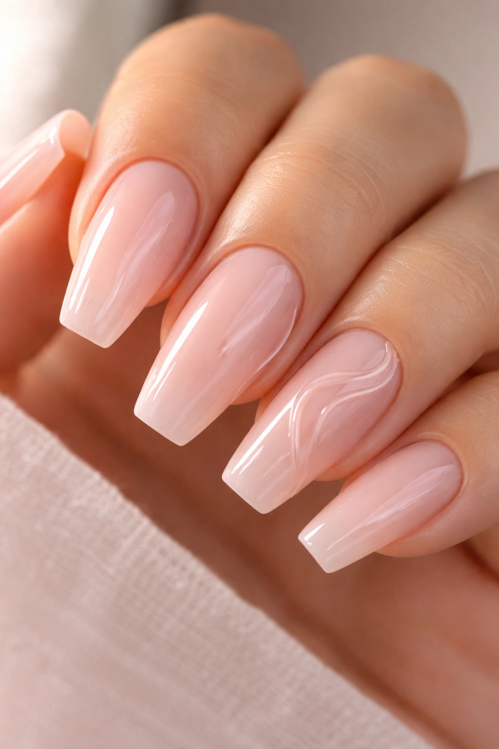 Close-up of nails with sheer pink base and delicate low-profile 3D gel swirls on one or two nails