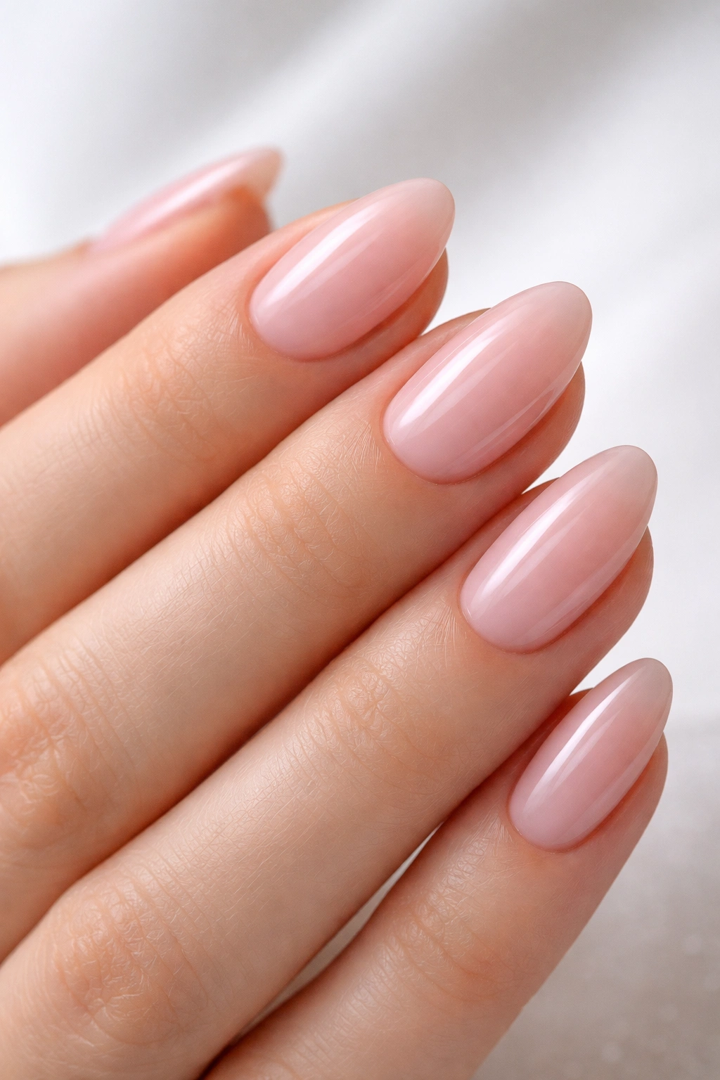 Close-up of short almond nails with sheer milky pink gel on a white studio background