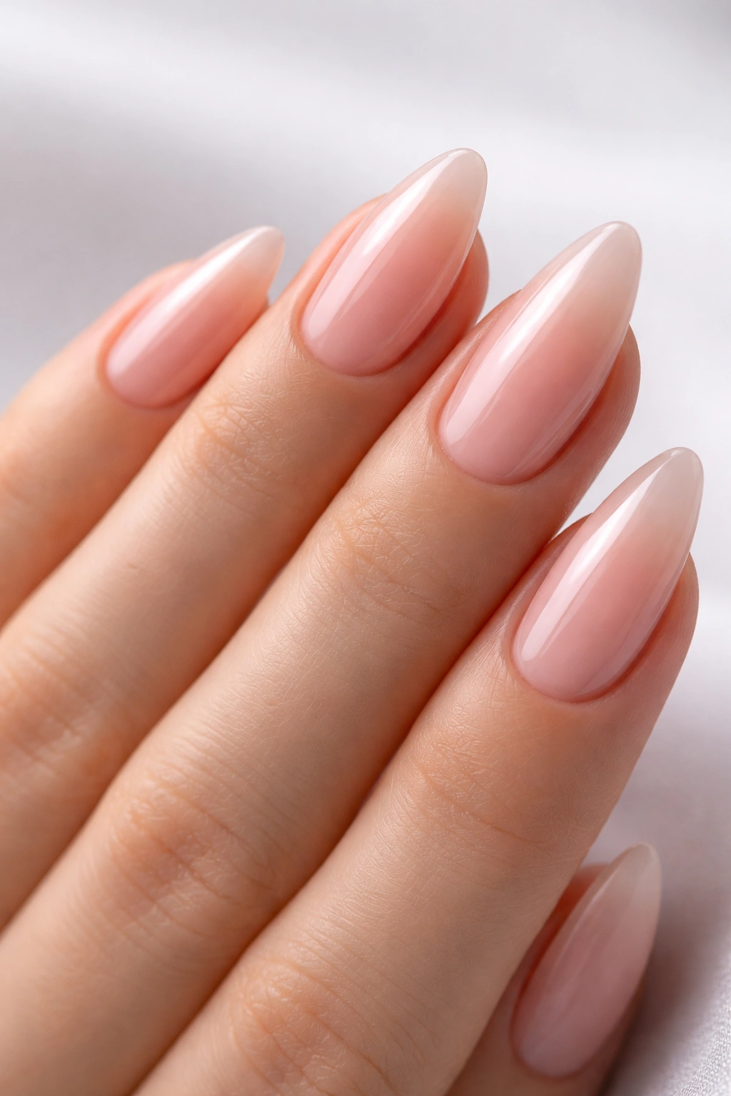 Close-up of sheer pink almond nails showing natural nail bed with glossy finish