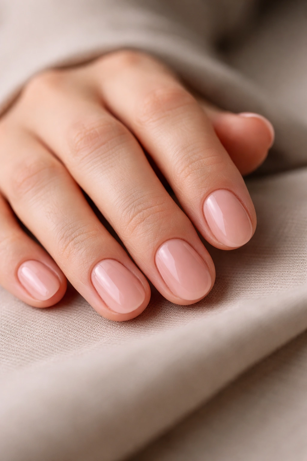 Short oval nails with sheer pink and barely there shine