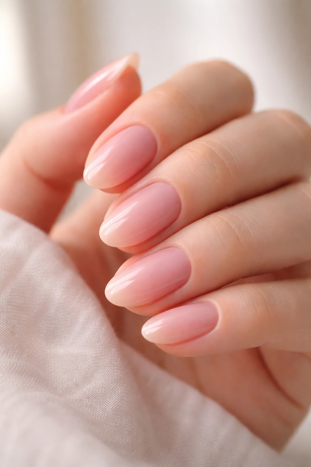 Close-up of sheer pink blush short almond nails with builder gel and natural shine