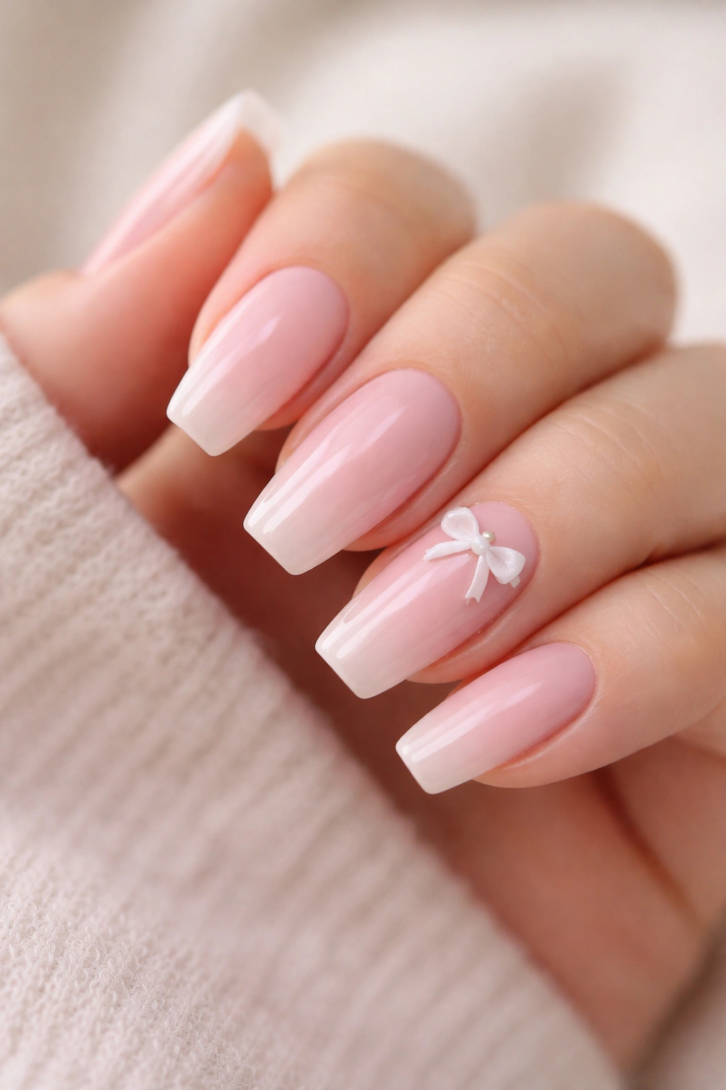Sheer pink nails with tiny white bow accents on select nails