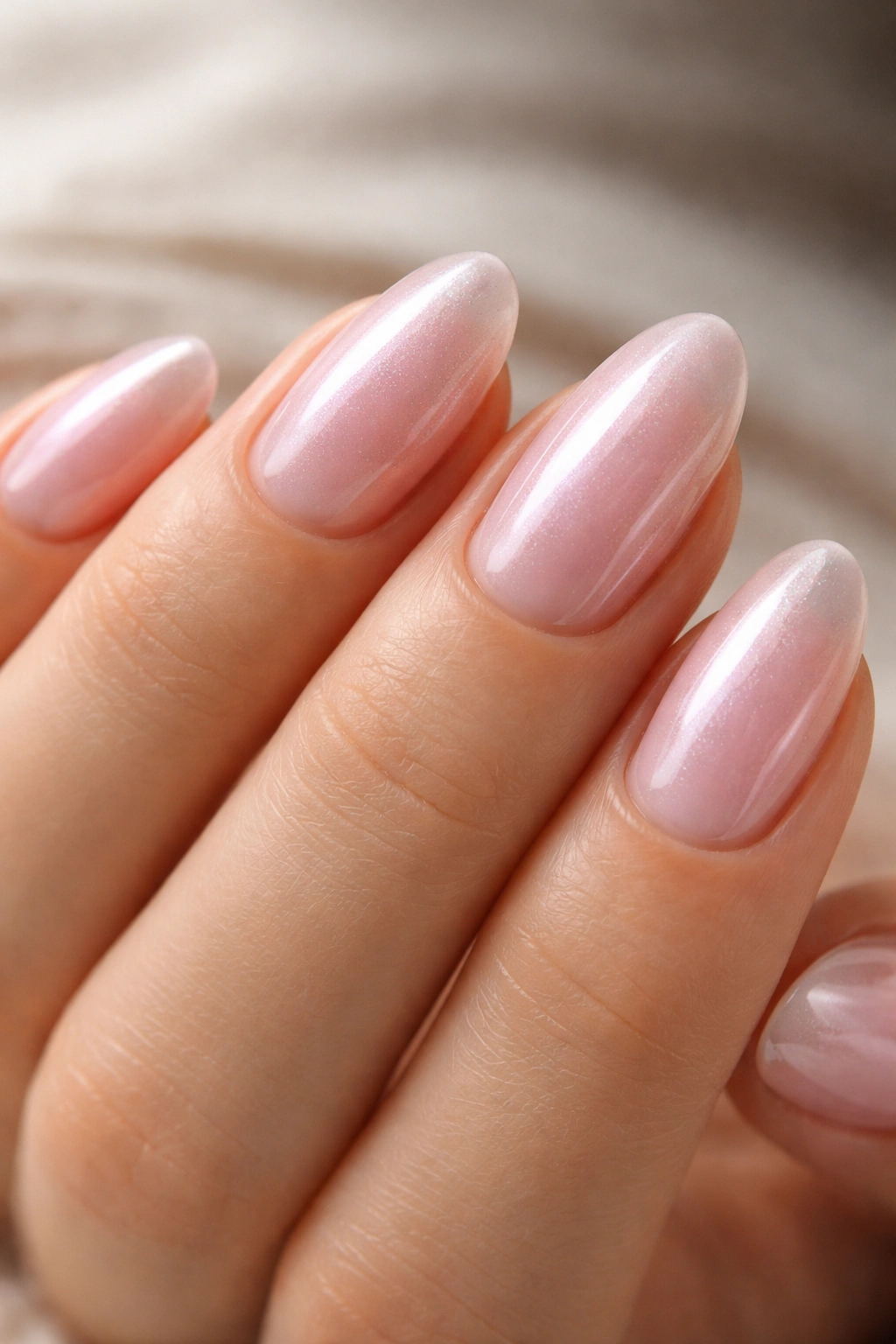 Close-up of short almond nails with sheer pink chrome and soft glow