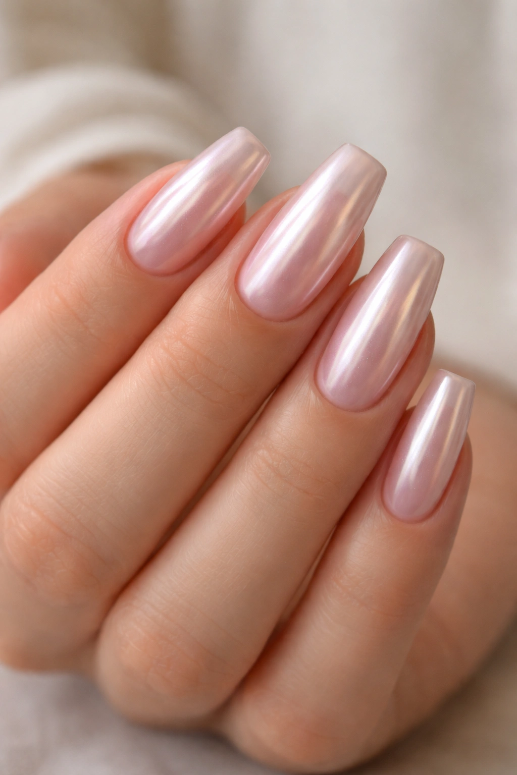 Sheer pink chrome ballerina nails with a glazed satin reflection