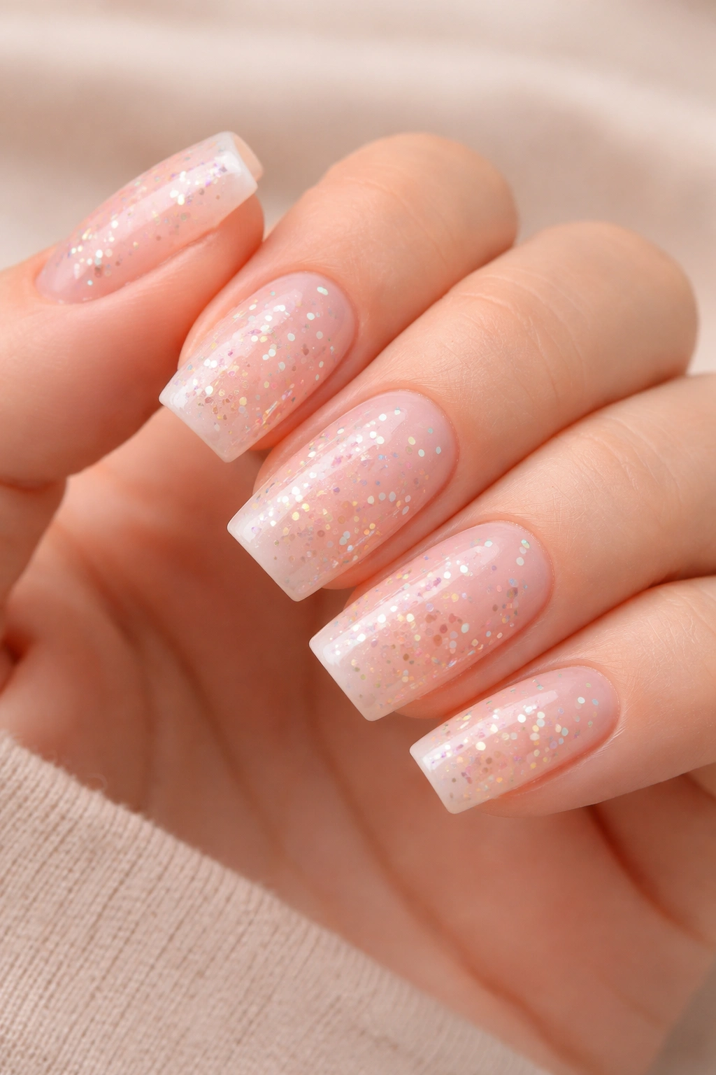 Close-up of sheer pink nails with multicolored confetti flakes on soft square nails