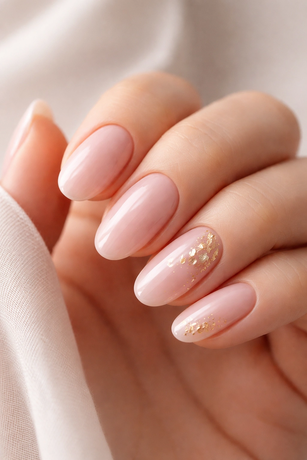 Close-up of oval nails with sheer pink polish and gold foil accents