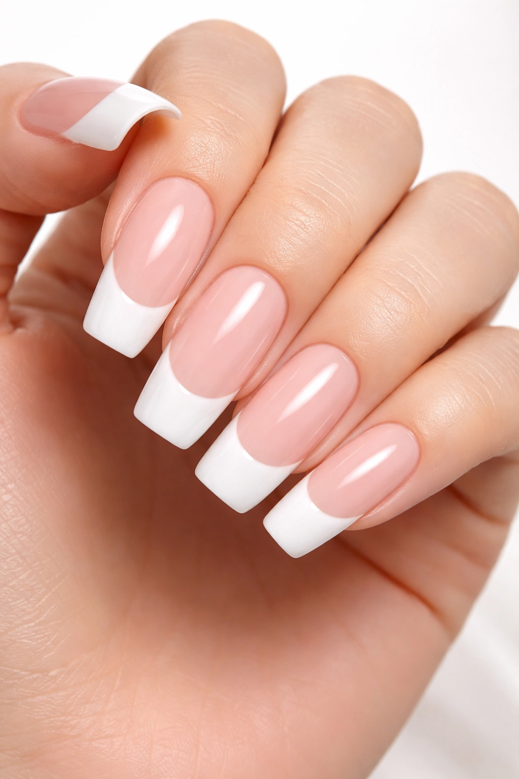 Close-up of long round nails with sheer pink base and thick white tips