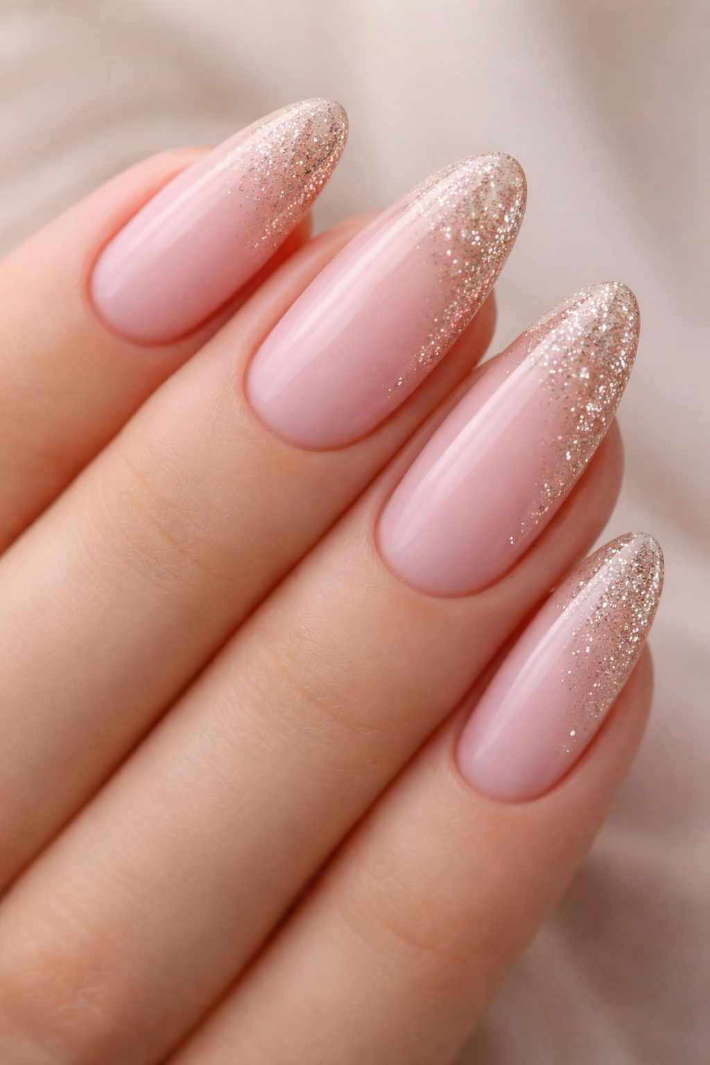 Nails with sheer pink base and glitter fade along the outer edge.