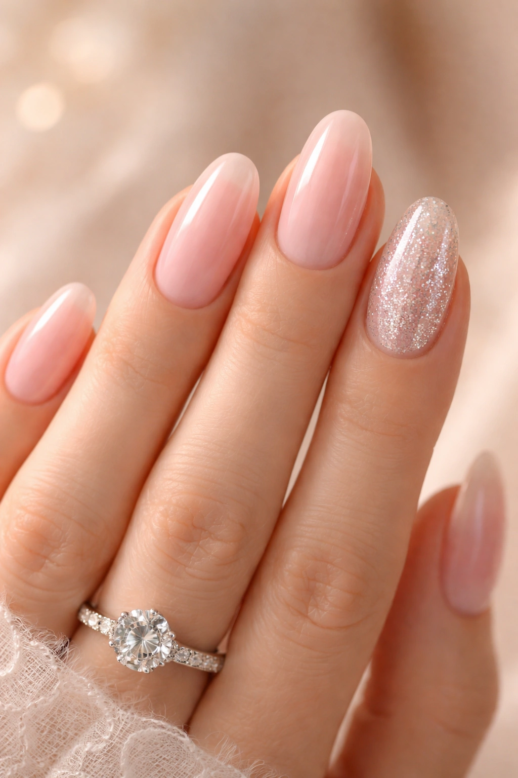 Close-up of sheer pink nails with one glitter accent nail on the ring finger