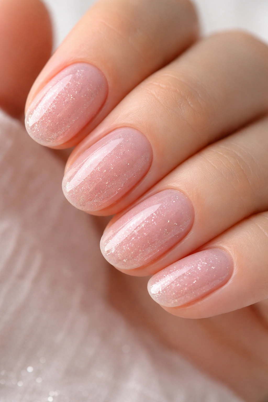 Short oval nails with sheer pink and delicate glitter