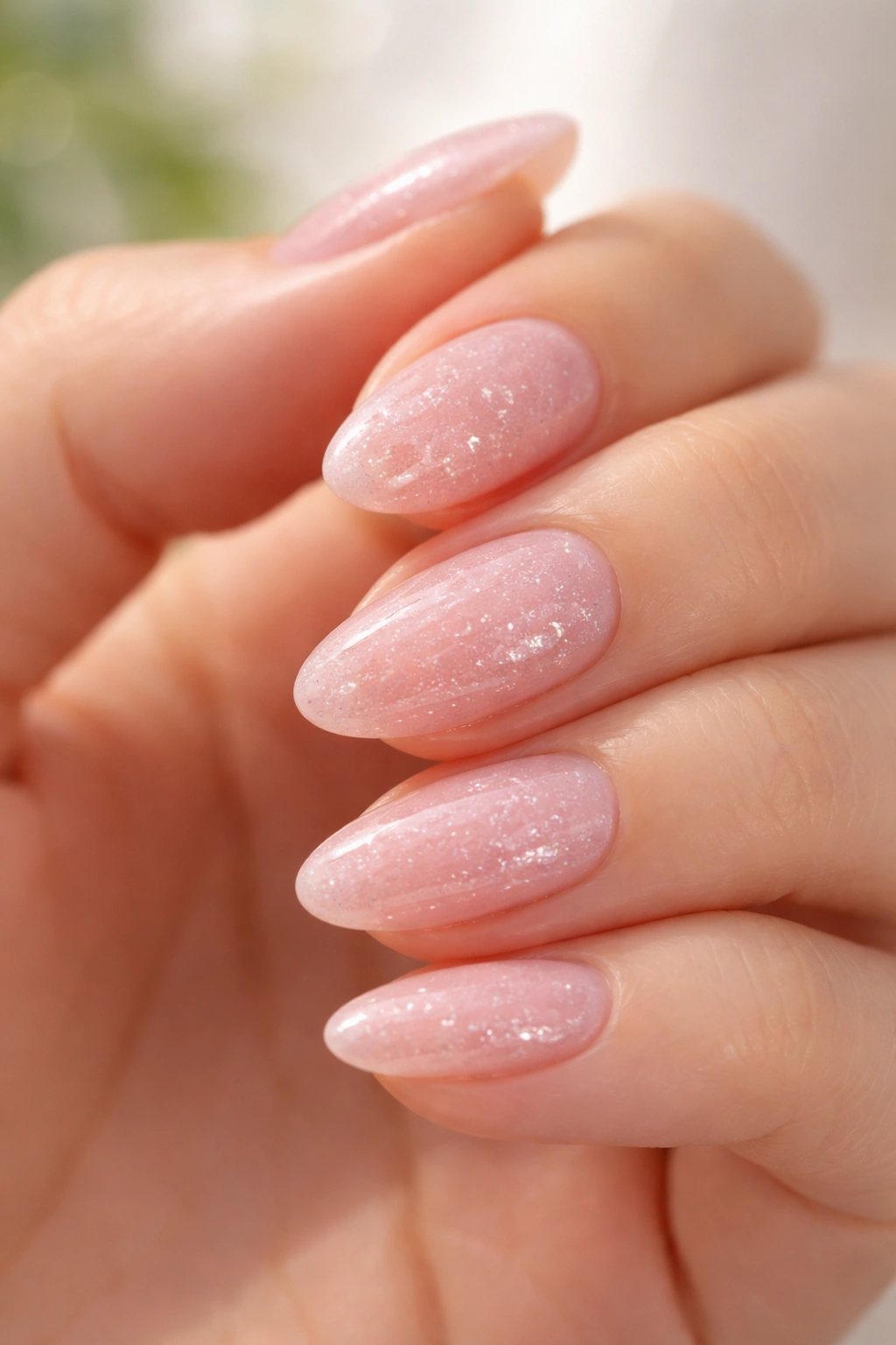 Close-up of short almond nails with sheer pink base and fine glitter.