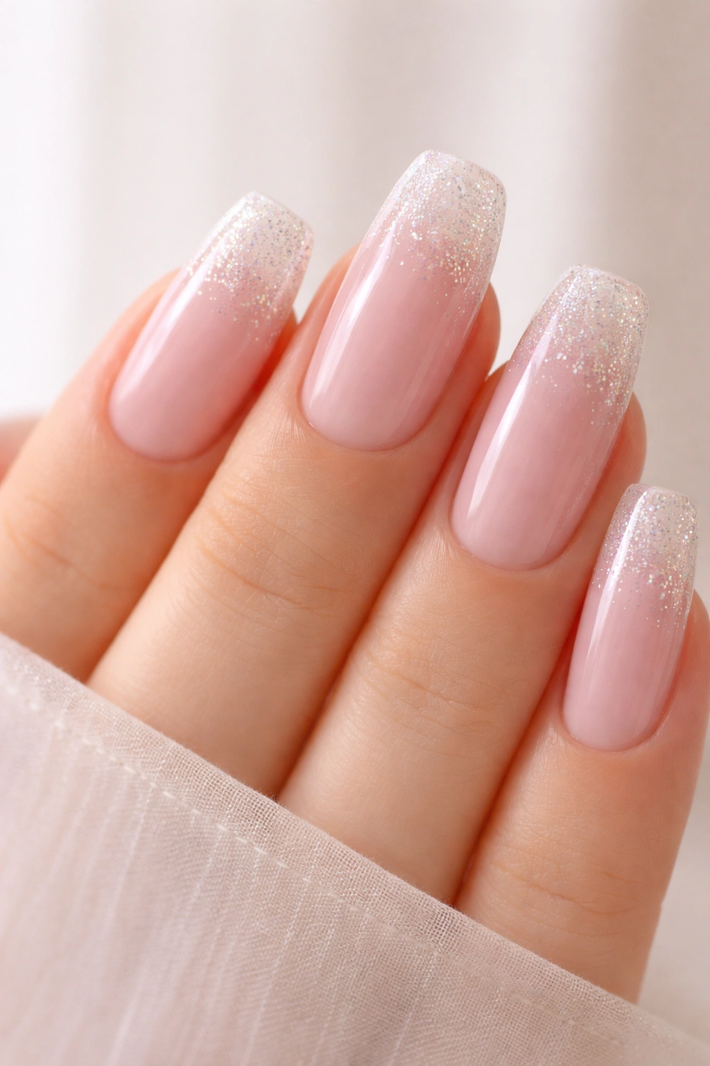 Close-up of long squoval nails with sheer pink base and glitter ombre at the tips
