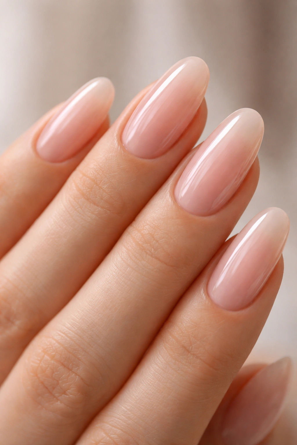 Close-up of long oval nails in sheer pink with glossy finish