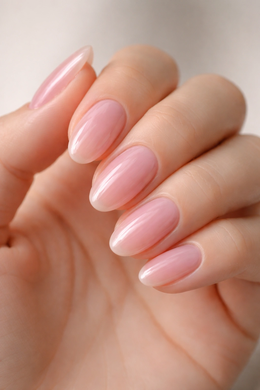 Sheer pink jelly almond nails showing translucent pink hue