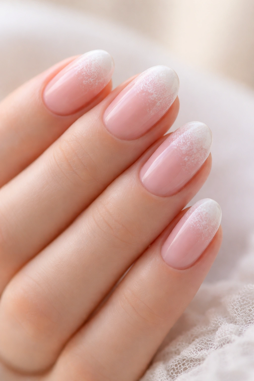 Close-up of short oval nails with sheer pink and wispy white ombre
