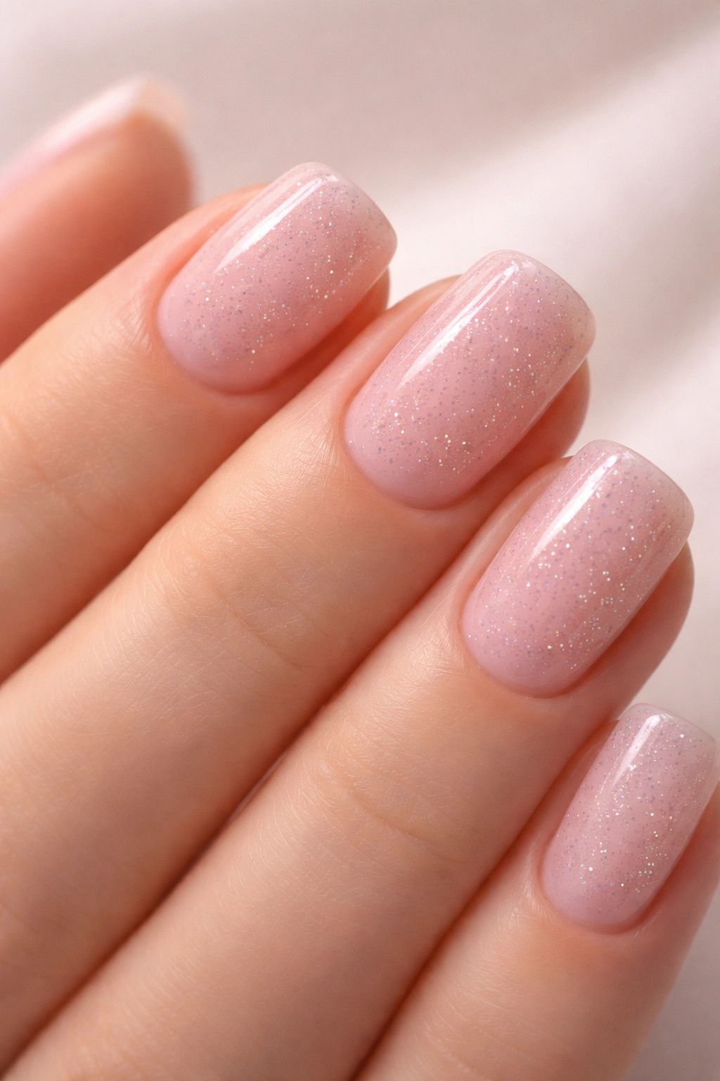 Close-up of short squoval nails with sheer pink polish and micro glitter