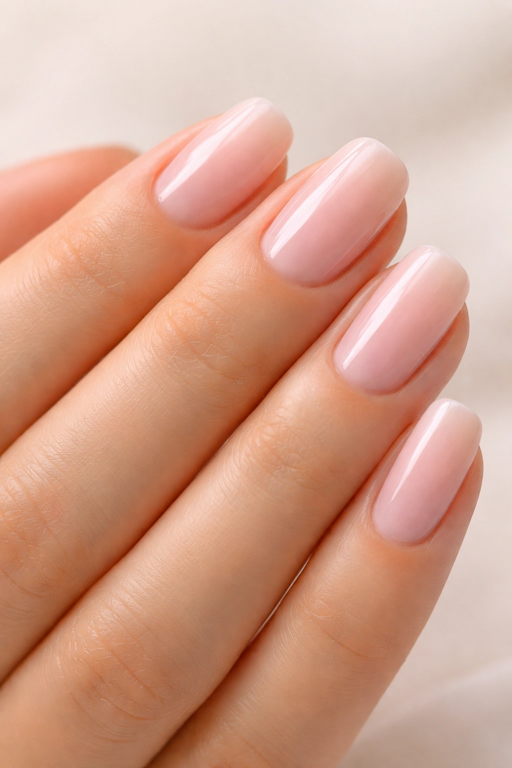 Sheer pink nails close-up on hand with neutral background