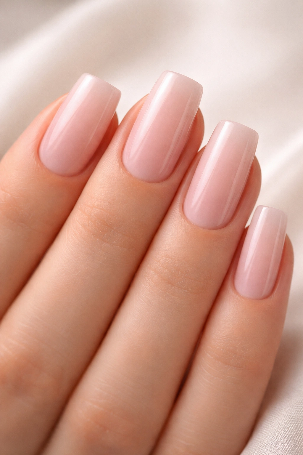Close-up of sheer pink square nails on a hand with soft translucency