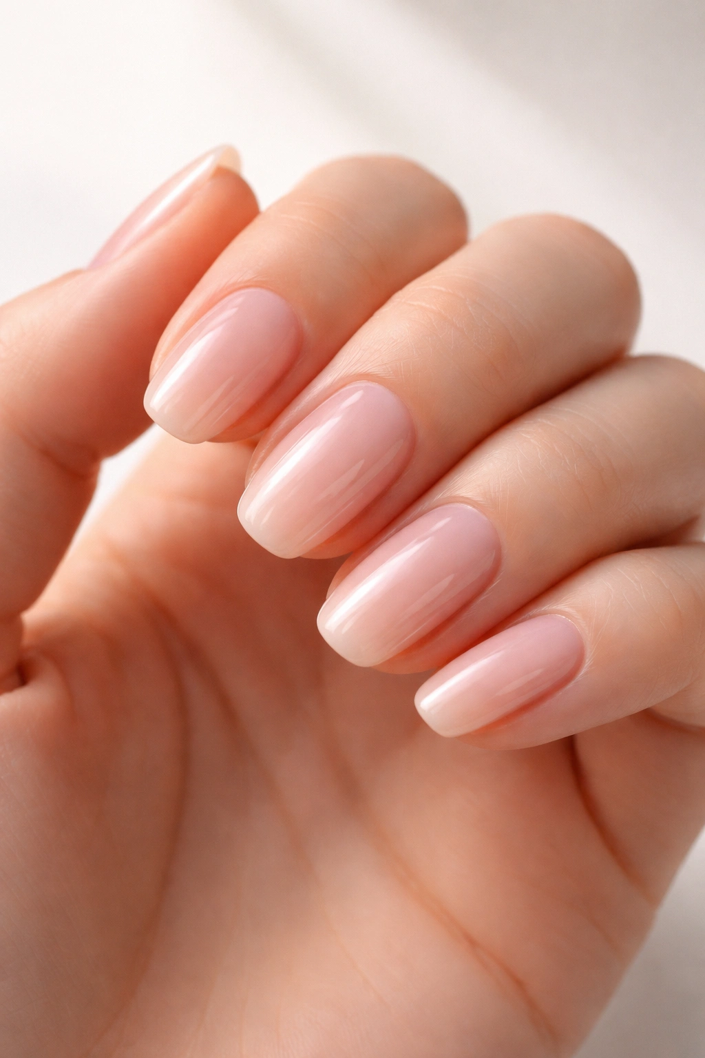 Close-up of sheer pink nails showing natural nail bed beneath a glossy coat