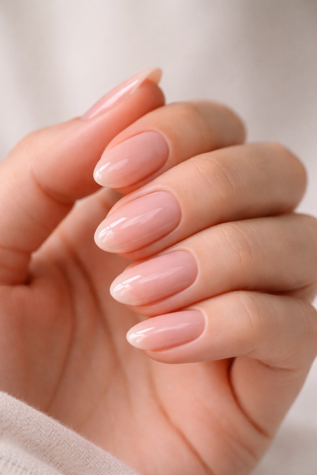 Close-up of short almond nails with sheer pink polish and glassy top coat
